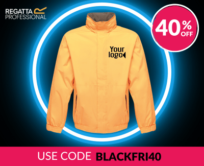 A yellow jacket with the placeholder text 'your logo.' The background has a neon circle design, with the Beechfield brand logo and a circular badge displaying '40% off.' A pink banner at the bottom says 'Use code BLACKFRI40'.